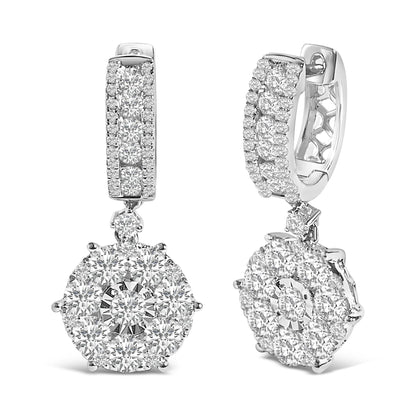 Front and side views of a pair of white metal drop earrings featuring round white gemstones in multiple prong, channel, and miracle settings.