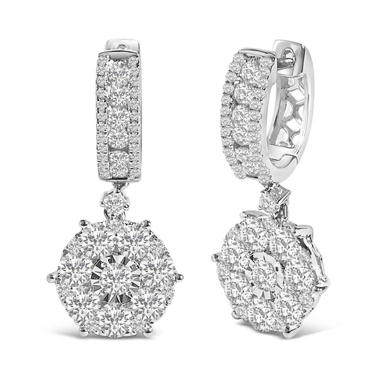 Front and side views of a pair of white metal drop earrings featuring round white gemstones in multiple prong, channel, and miracle settings.