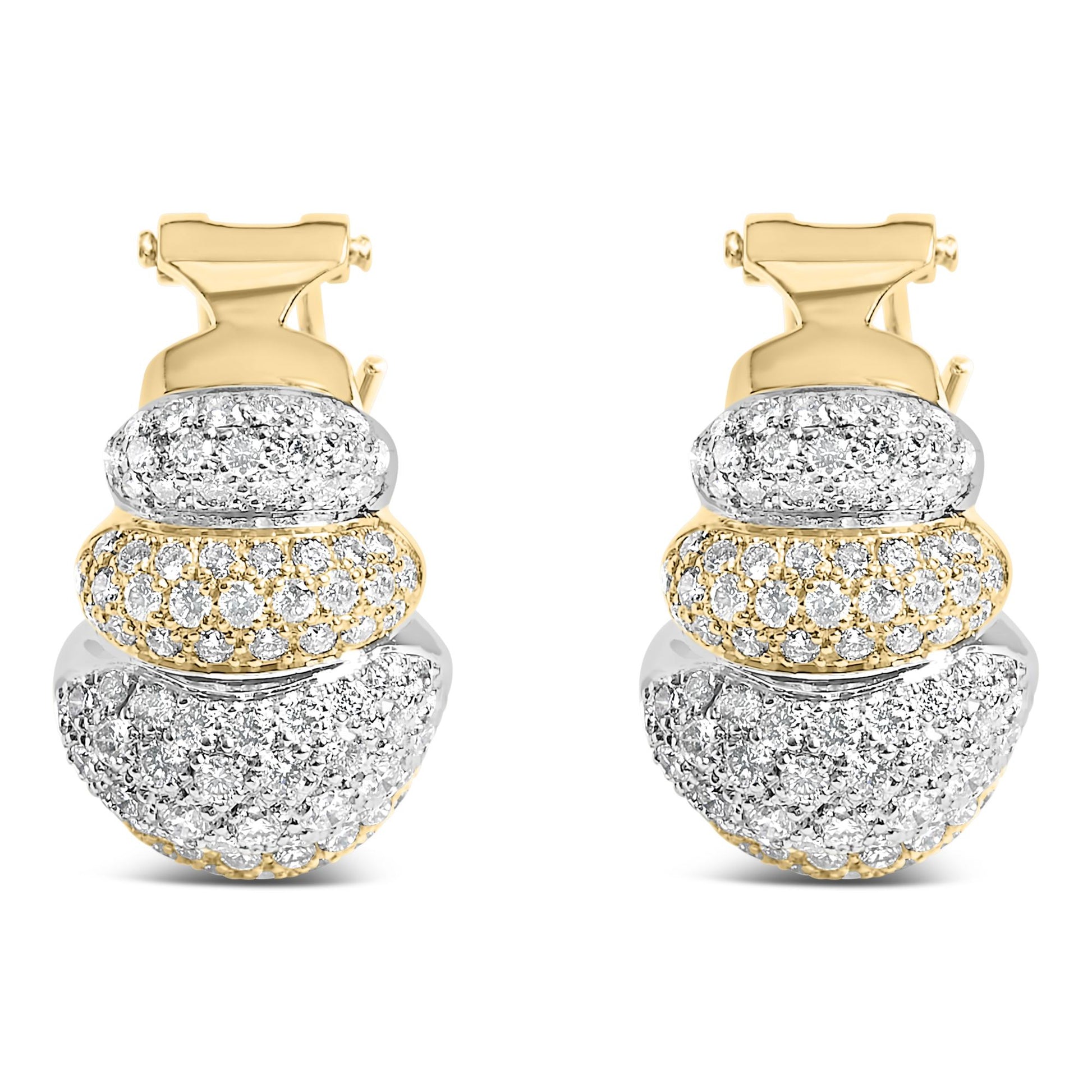 Close-up front view of a pair of earrings featuring alternating sections of yellow and white metal, adorned with numerous small white gemstones in a pave setting.