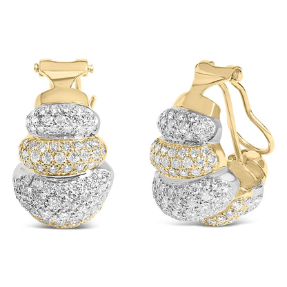 Front and angled side view of a pair of yellow and white metal earrings featuring round white gemstones set in a pave style.