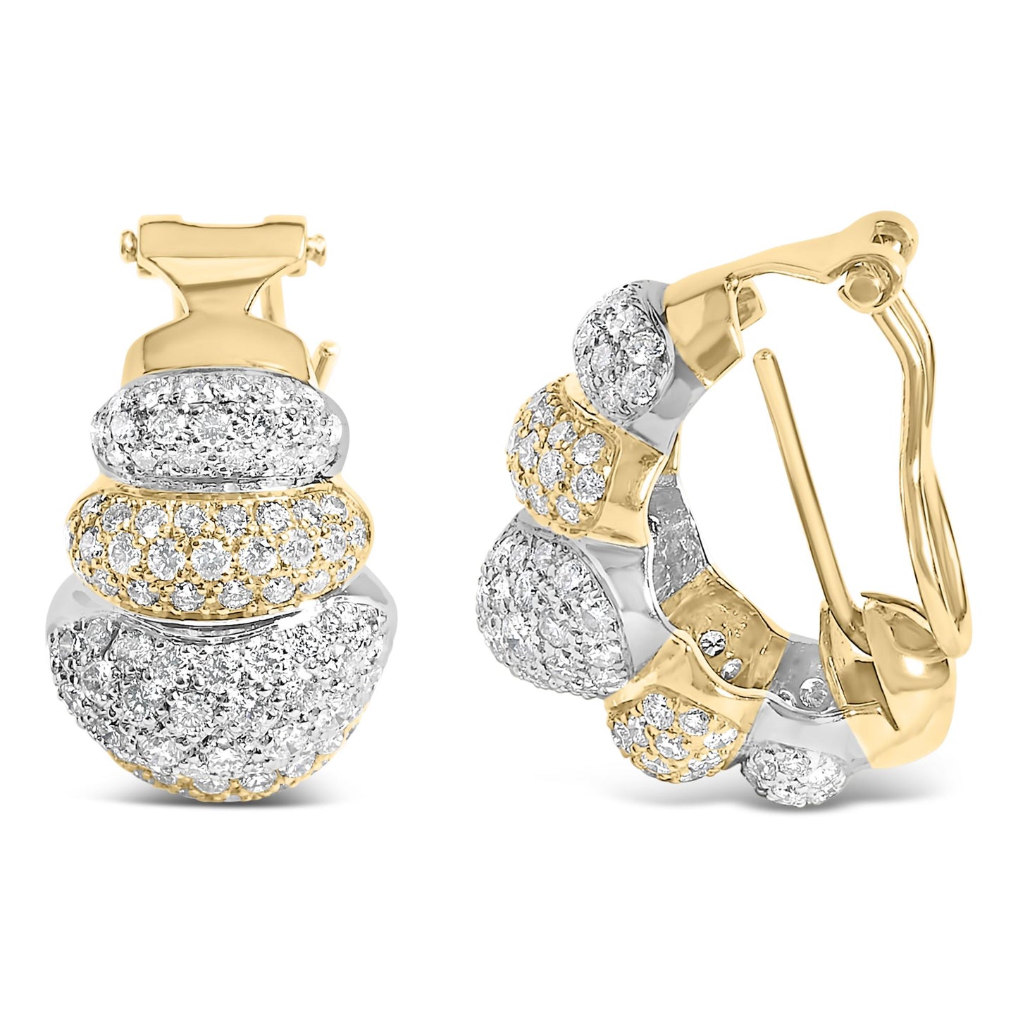 Close-up front and side view of yellow and white metal earrings with round white gemstones in pave setting, showing curved segmented design.