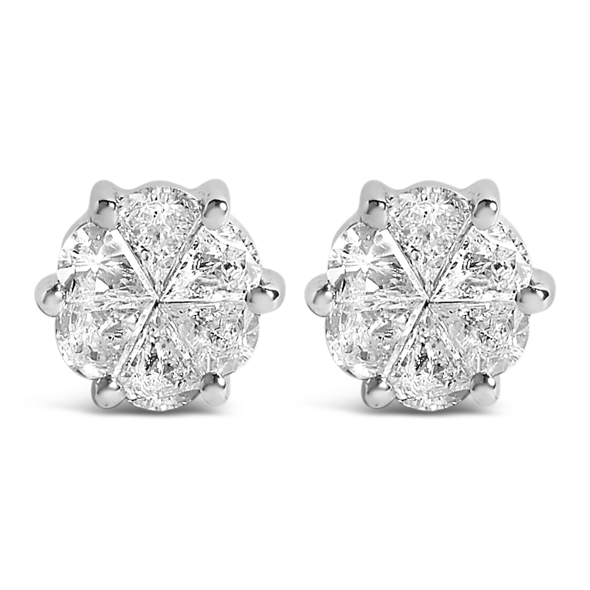 Front view of a pair of white metal stud earrings featuring clusters of pie-shaped white gemstones set invisibly.