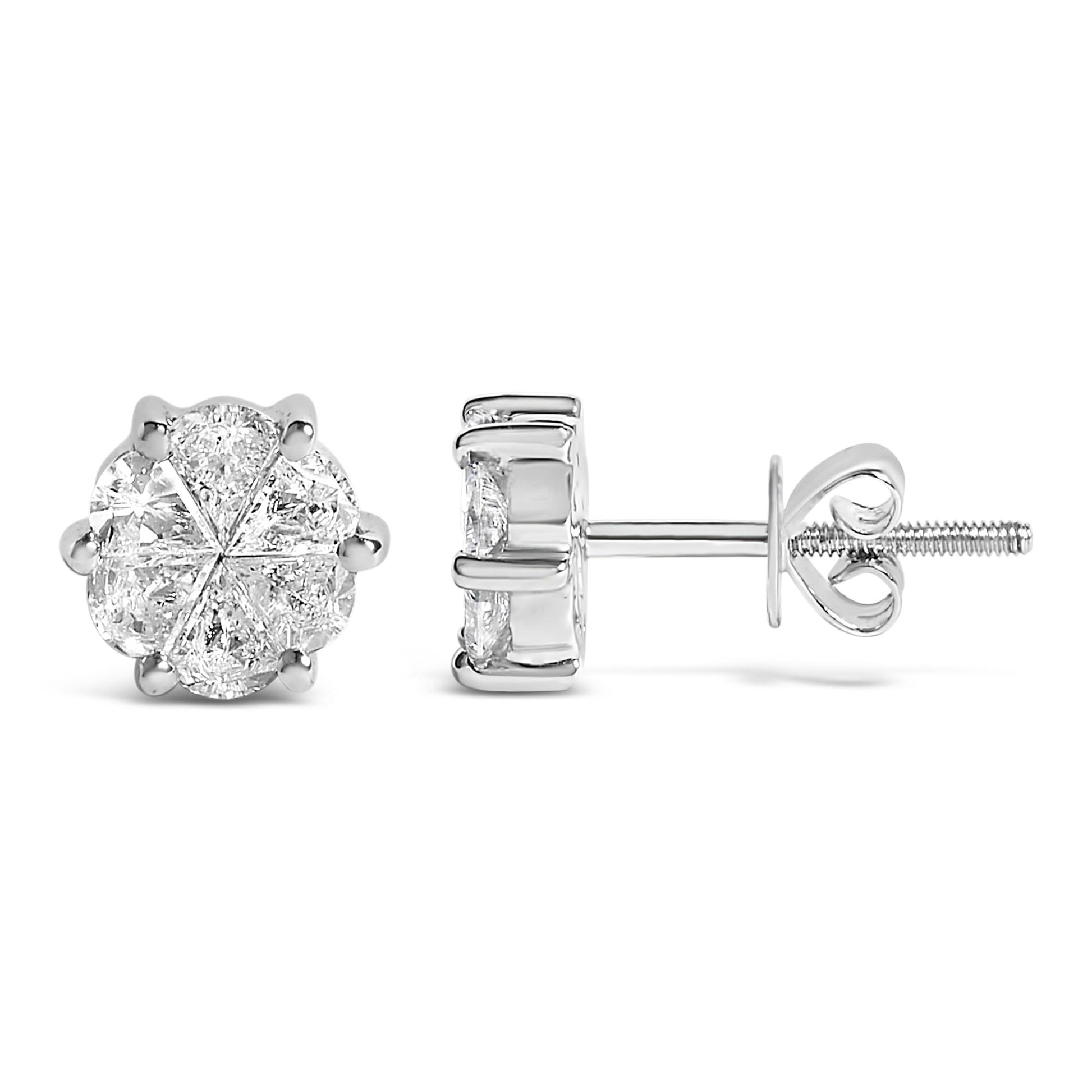Close-up front and side views of a pair of white metal stud earrings featuring a cluster of pie-shaped white gemstones in invisible setting.