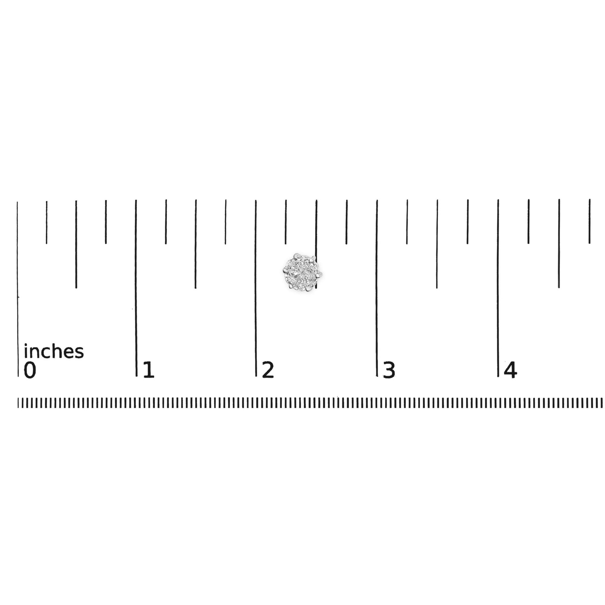 Close-up front view of a single white metal earring with multiple white pie-shaped gemstones set invisibly, shown on a ruler scale.