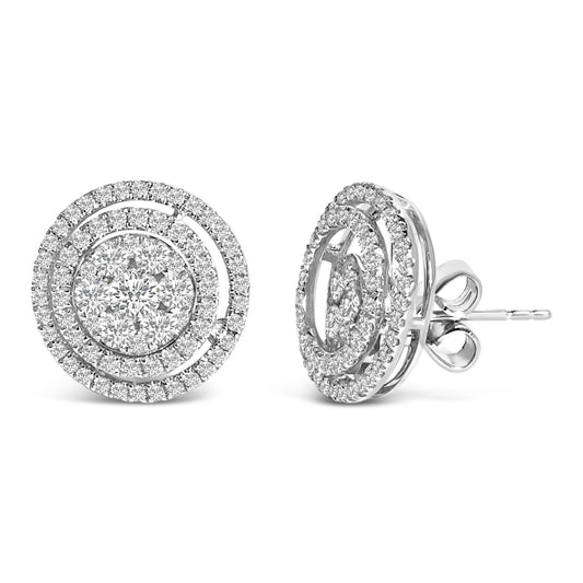Pair of white metal circular stud earrings with concentric rows of round white gemstones, shown in a front and side angle view on a white background.