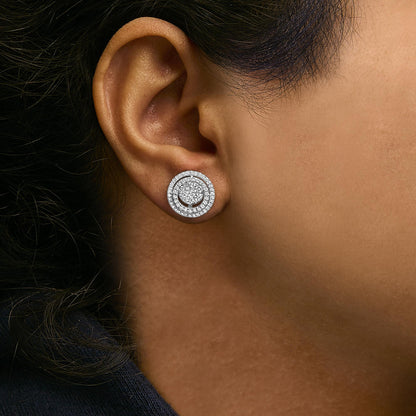 Close-up side view of a model wearing round white metal stud earrings featuring multiple round white gemstones in prong settings arranged in concentric circles.