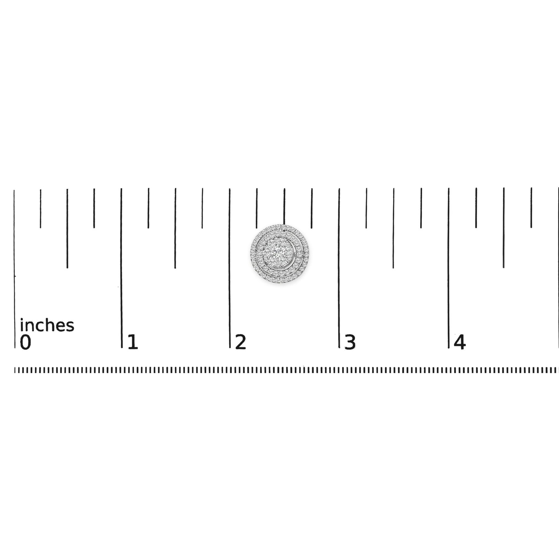 Close-up frontal shot of a round white earring with multiple rows of small white gemstones surrounding two larger white gemstones in the center, shown on a ruler scale.