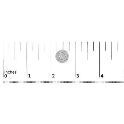 Close-up frontal shot of a round white earring with multiple rows of small white gemstones surrounding two larger white gemstones in the center, shown on a ruler scale.