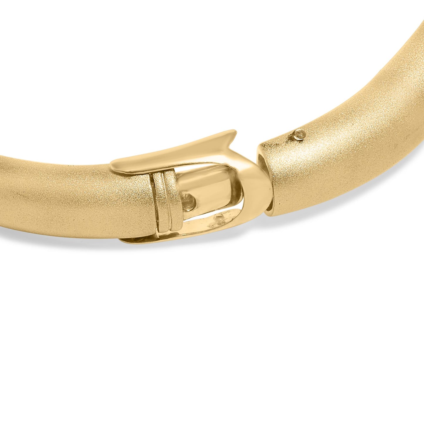 Close-up front angle of a yellow and white metal bracelet clasp with a smooth matte finish, shown against a white background.