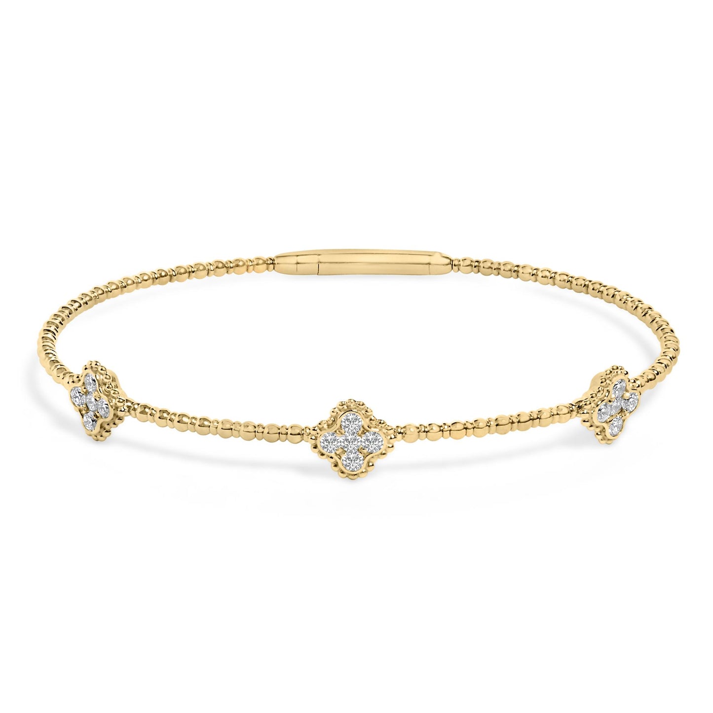 Yellow bracelet with round white gemstones in prong settings arranged in floral shapes, shown in a front-facing angle on a white background.