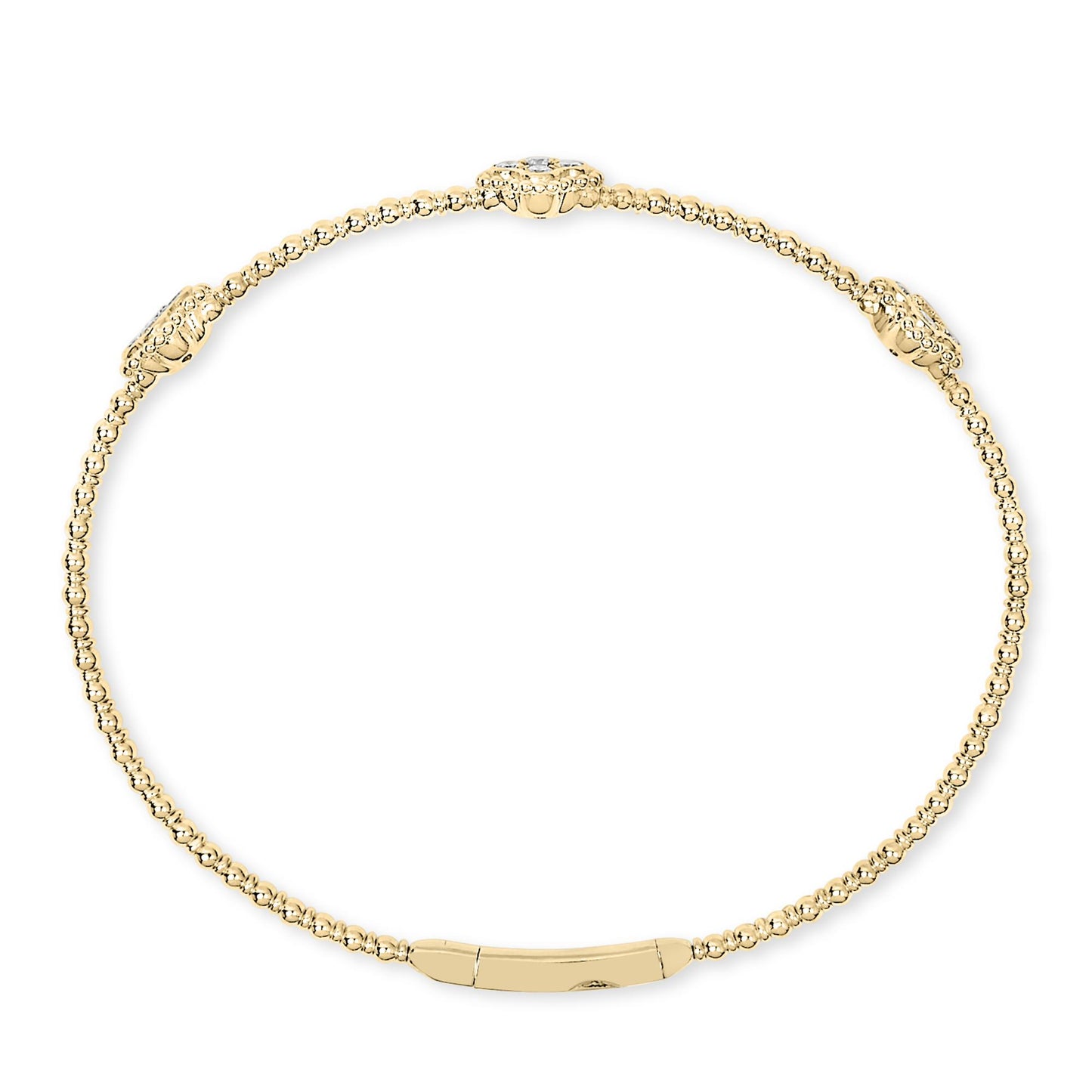 Top-down view of a yellow bracelet composed of small round beads with three larger bead clusters each set with a white round gemstone in prong settings.