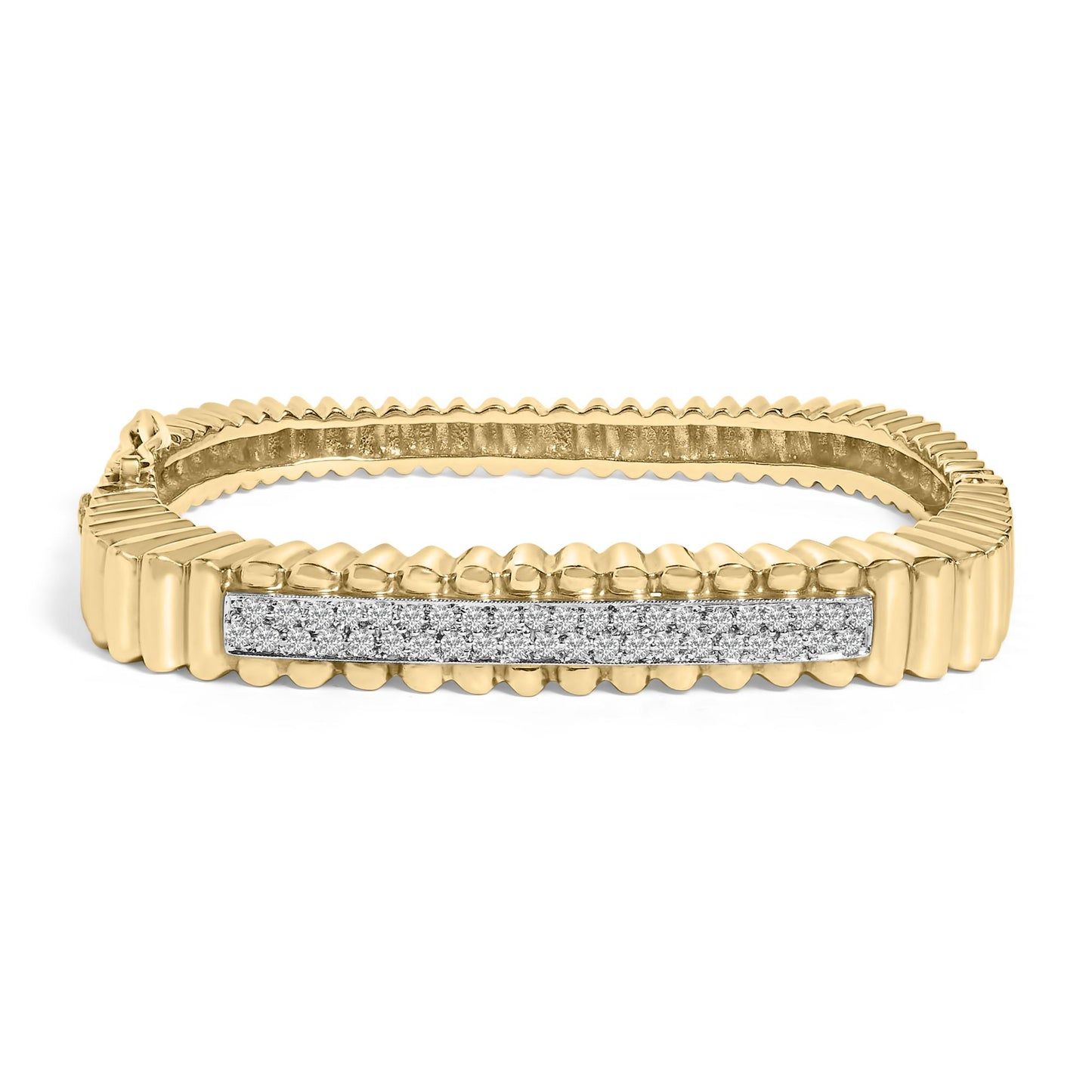 Yellow bracelet with rounded ridges and a horizontal bar set with small white gemstones in a pave setting, shown in a front-facing angle on a white background.