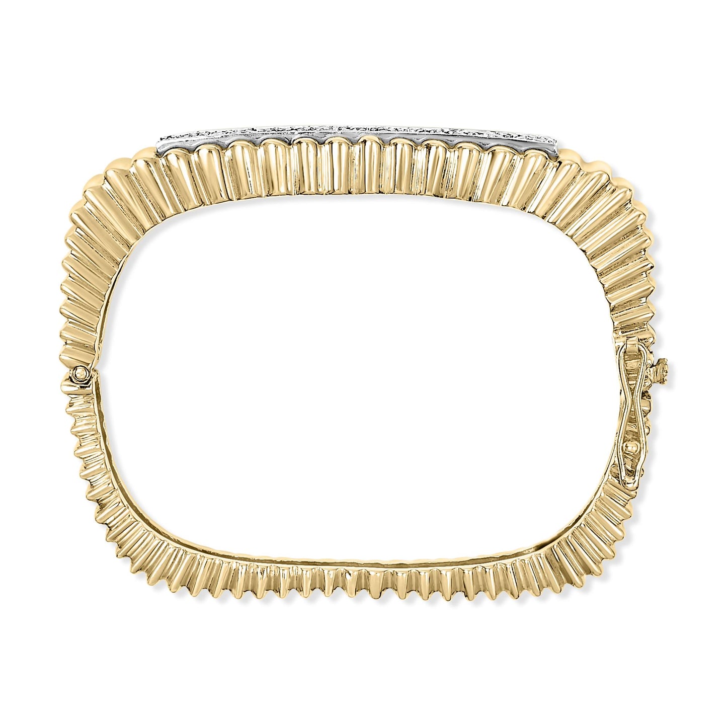 Top-down view of a yellow metal bracelet with ridged rectangular shape and a row of small white round gemstones in pave setting along one edge, shown on a white background.