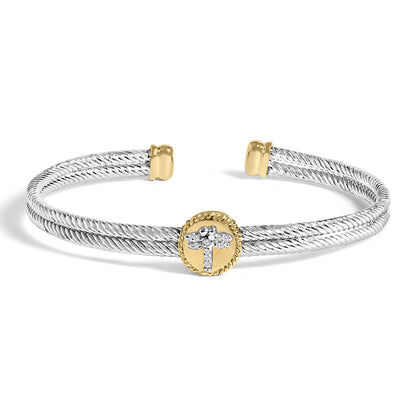 Open cuff bracelet shown at a front angle with twisted white bands and yellow round center featuring a cross design of white round gemstones in bezel and prong settings.