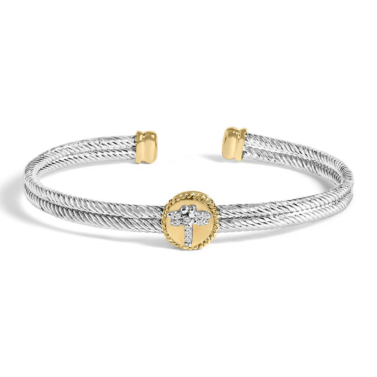 Open cuff bracelet shown at a front angle with twisted white bands and yellow round center featuring a cross design of white round gemstones in bezel and prong settings.