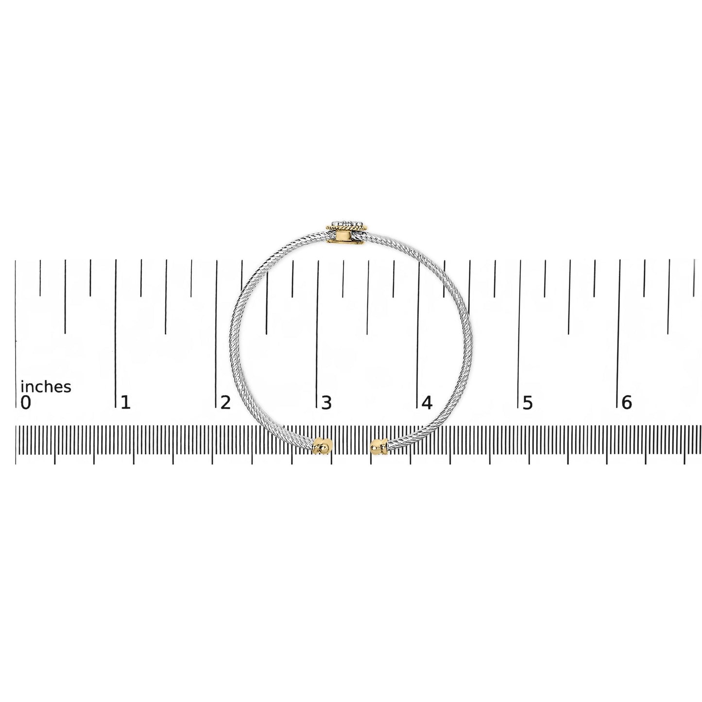 Bracelet with twisted white metal band and yellow metal accents, featuring round white gemstones in bezel and prong settings, shown flat on a scale from top view.