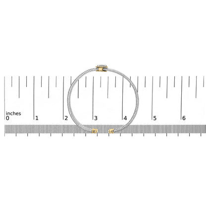 Bracelet with twisted white metal band and yellow metal accents, featuring round white gemstones in bezel and prong settings, shown flat on a scale from top view.