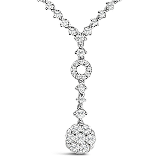 Front angle close-up of a white necklace with round white gemstones in shared prong settings forming a circular and vertical drop pendant.