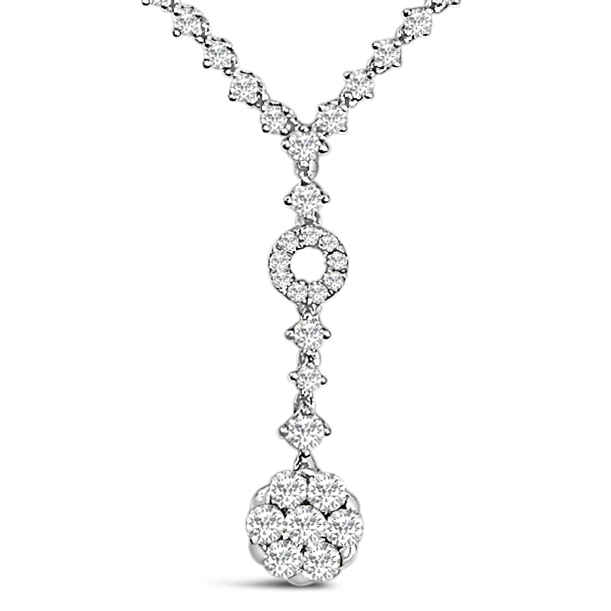 Front angle close-up of a white necklace with round white gemstones in shared prong settings forming a circular and vertical drop pendant.