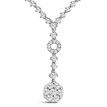 Front angle close-up of a white necklace with round white gemstones in shared prong settings forming a circular and vertical drop pendant.