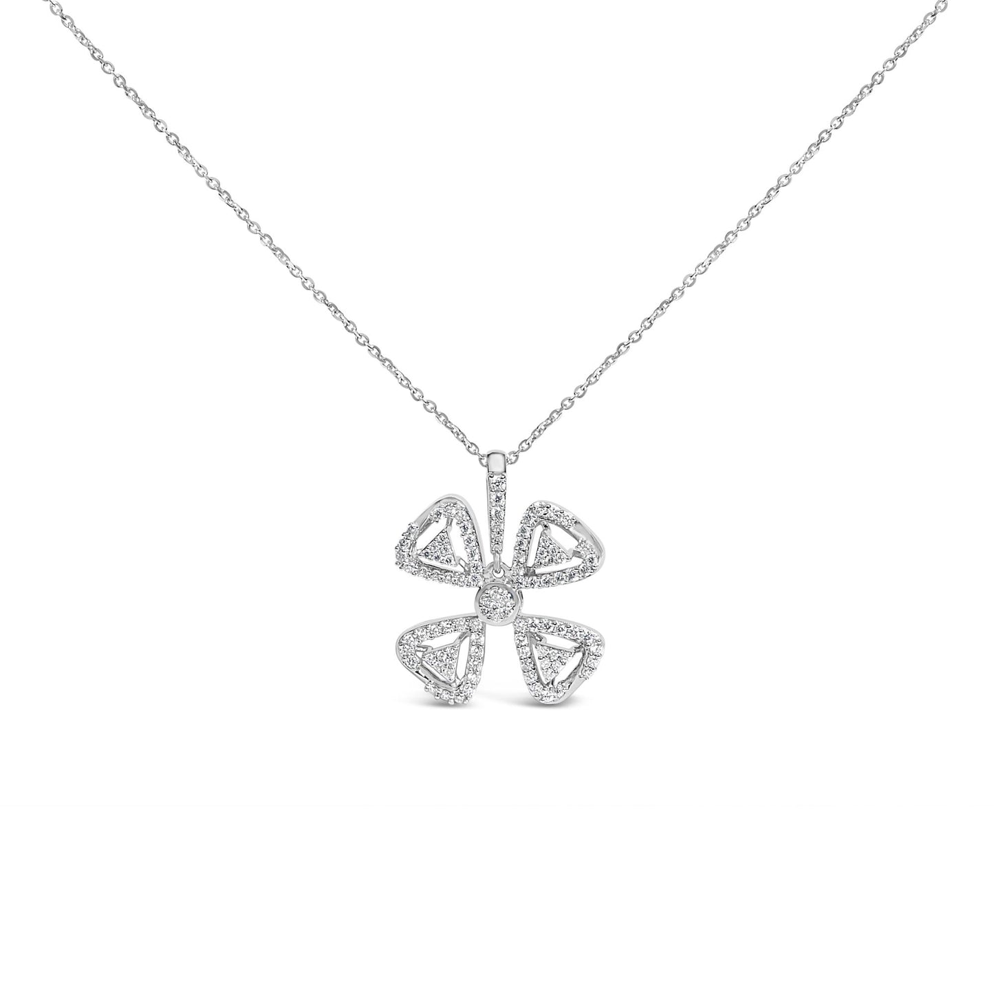 Front view of a white necklace with a flower-shaped pendant featuring round white gemstones in a shared prong setting.