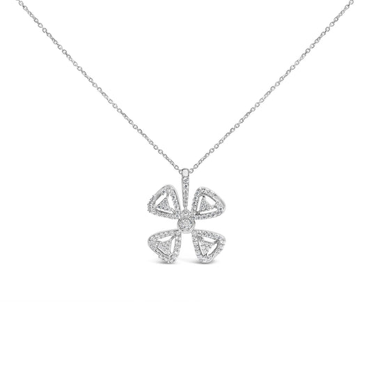 Front view of a white necklace with a flower-shaped pendant featuring round white gemstones in a shared prong setting.
