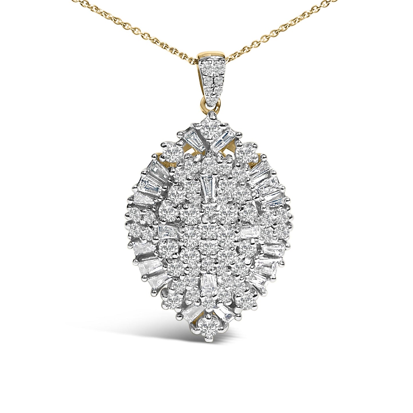 Close-up front view of a necklace pendant featuring an oval-shaped cluster of white round and baguette shaped gemstones in prong settings, hanging from a yellow metal chain.