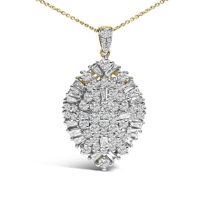Close-up front view of a necklace pendant featuring an oval-shaped cluster of white round and baguette shaped gemstones in prong settings, hanging from a yellow metal chain.