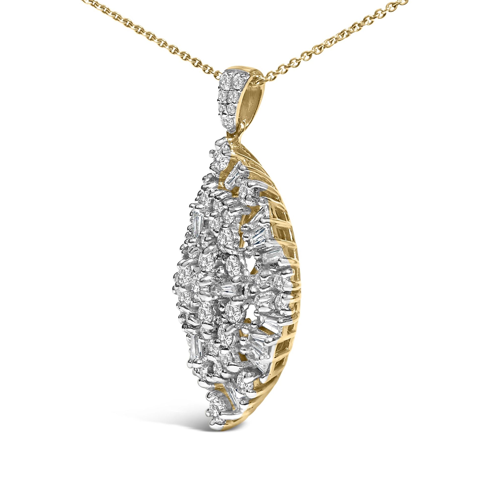 Close-up side angle of a yellow and white metal necklace pendant featuring round and baguette-shaped white gemstones in prong settings.