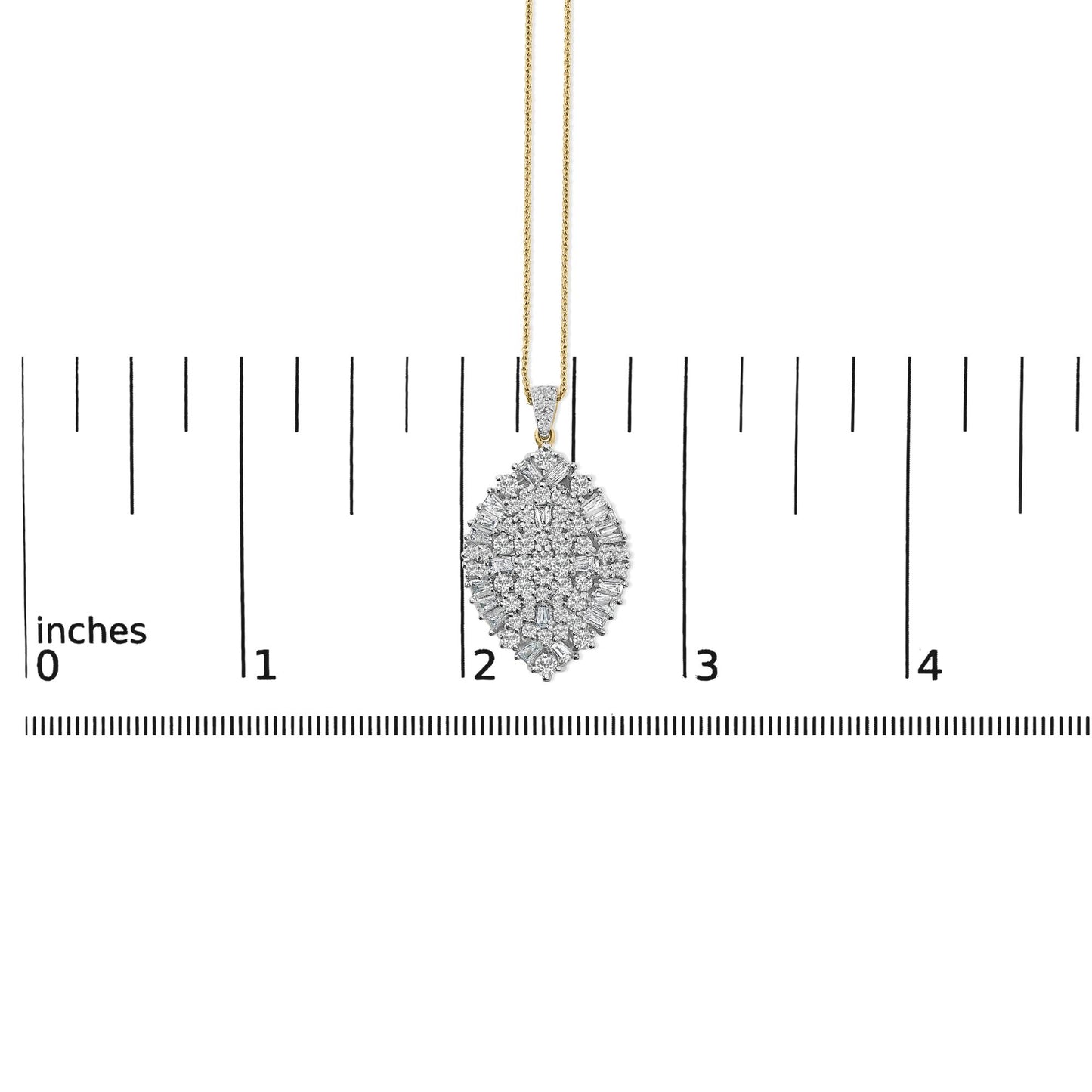 Necklace with marquise-shaped pendant featuring white round and baguette-shaped gemstones, yellow and white metal chain, shown hanging against a ruler for scale, front-facing angle.