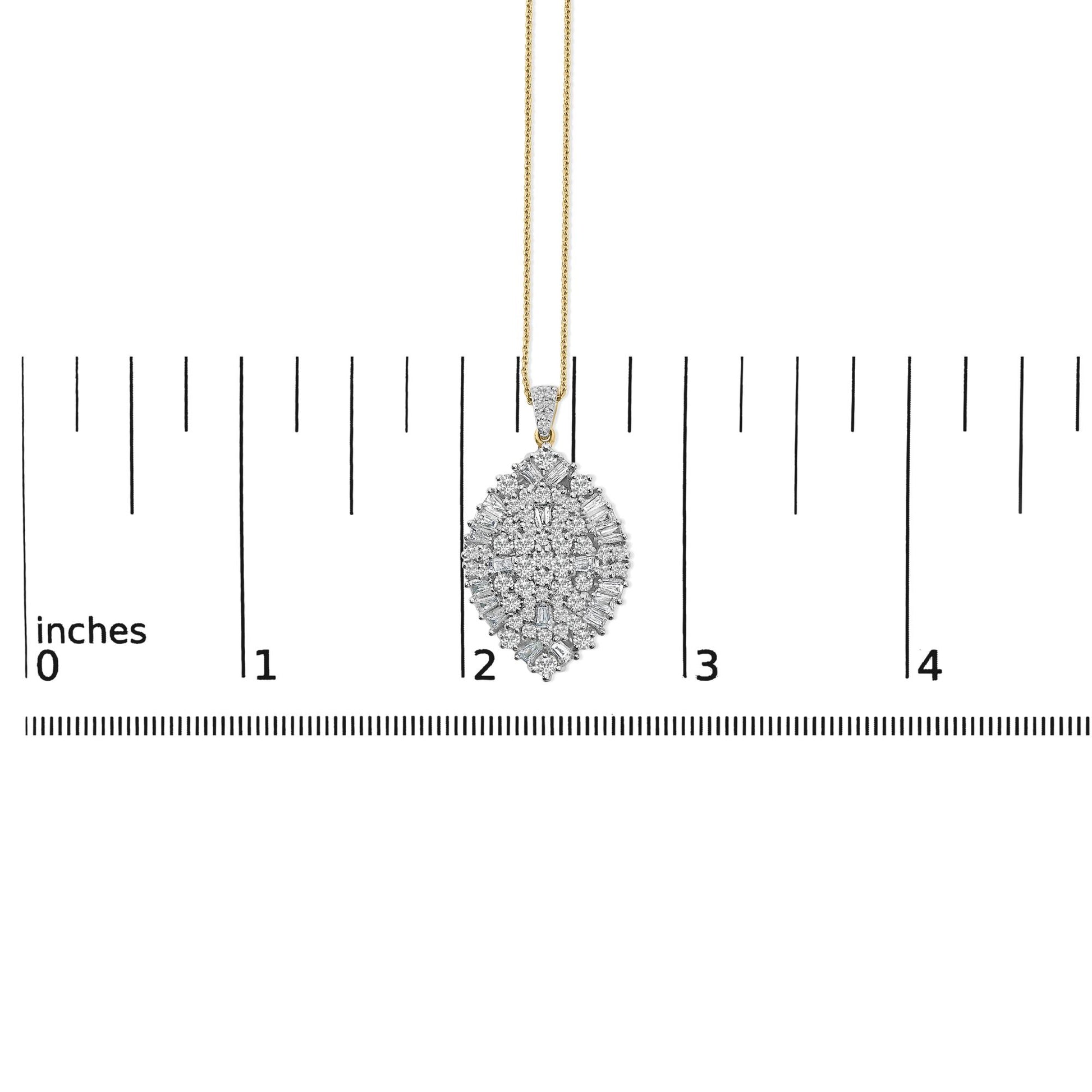 Necklace with marquise-shaped pendant featuring white round and baguette-shaped gemstones, yellow and white metal chain, shown hanging against a ruler for scale, front-facing angle.