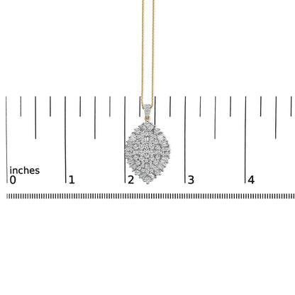 Necklace with marquise-shaped pendant featuring white round and baguette-shaped gemstones, yellow and white metal chain, shown hanging against a ruler for scale, front-facing angle.