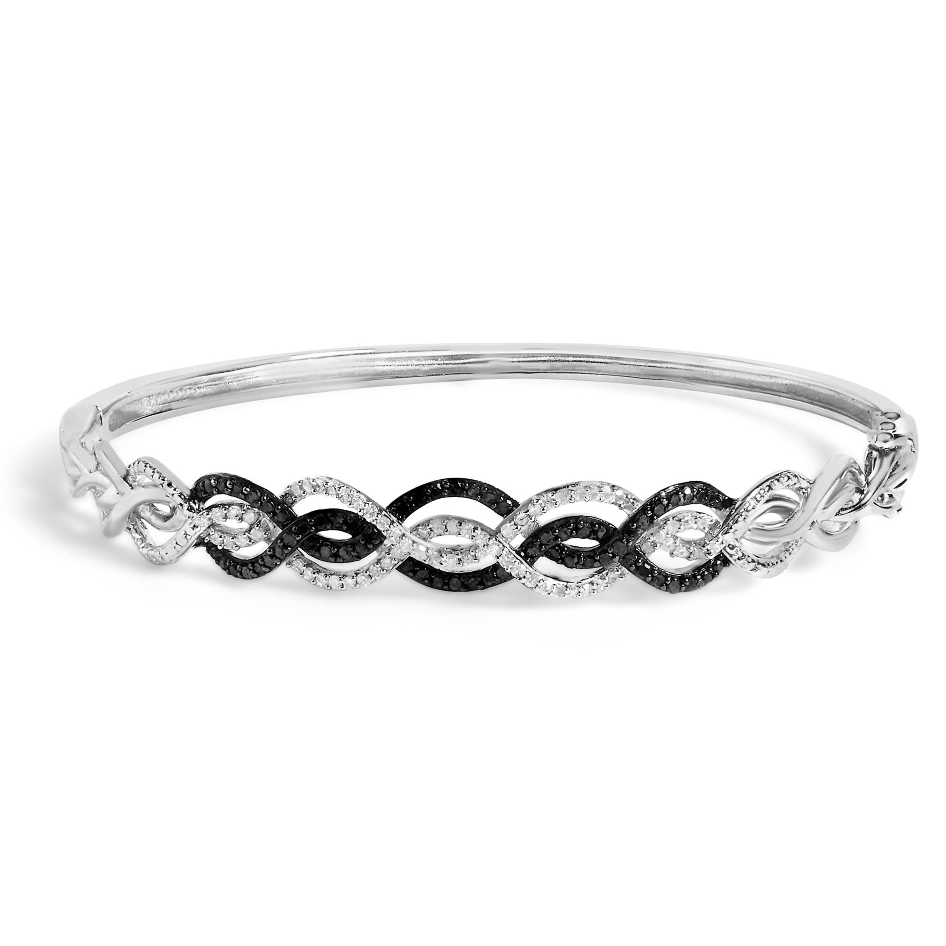 White metal bracelet with an alternating black and white gemstone infinity pattern, shown from a front angle on a white background.