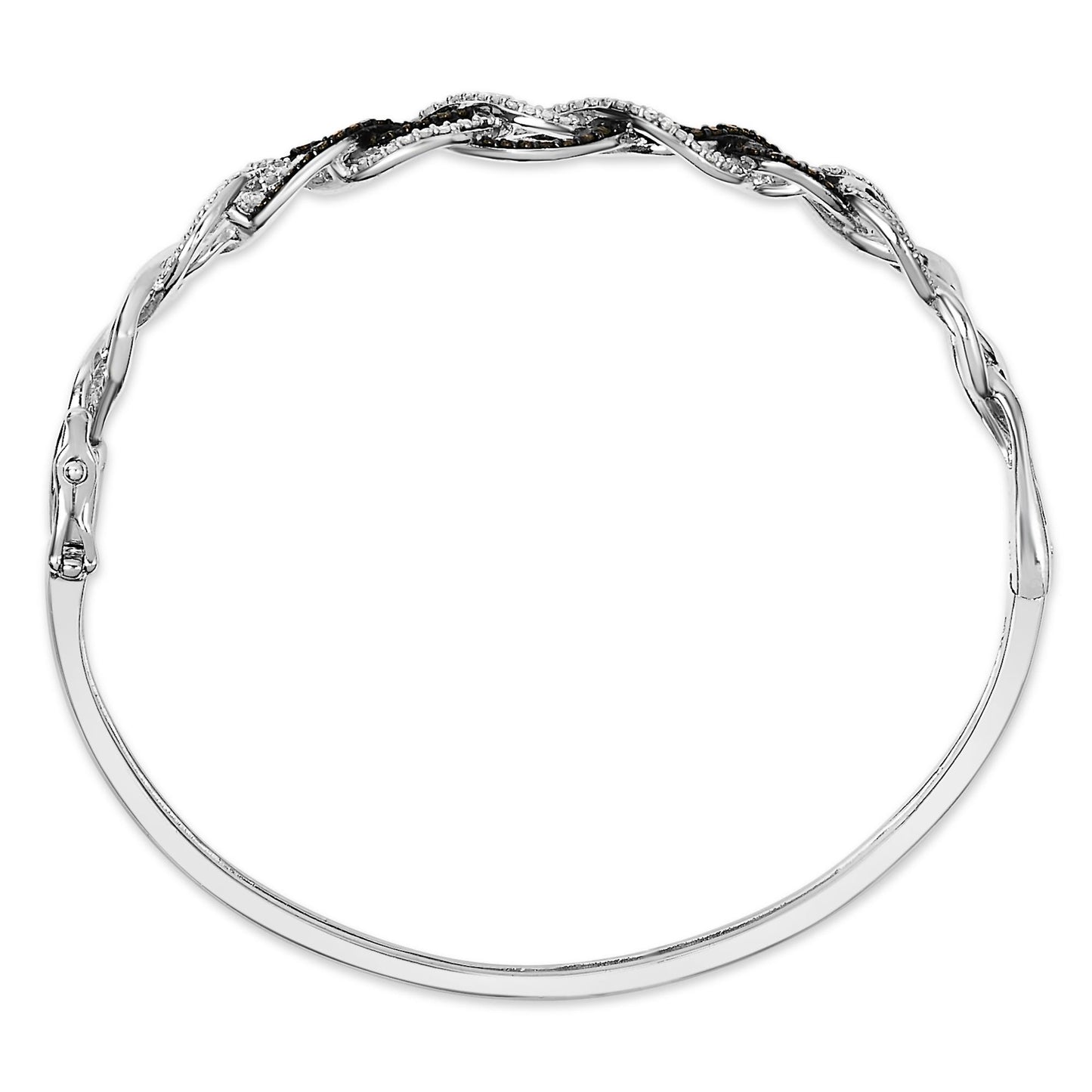Top-down view of a white metal bracelet featuring an interwoven design set with round white and black gemstones in shared prong settings.