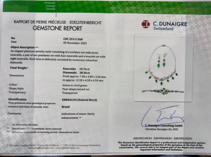 Image of a jewelry set shown on a white background, consisting of a necklace, a pair of earrings, and a bracelet. Each piece features pear-shaped green gemstones and numerous small white gemstones arranged delicately. The necklace has green gemstones hanging in a symmetrical design, the earrings each have two dangling green gemstones, and the bracelet displays green gemstones centered with white gemstones surrounding them. The shot is taken from above, showing the layout of the entire set clearly.