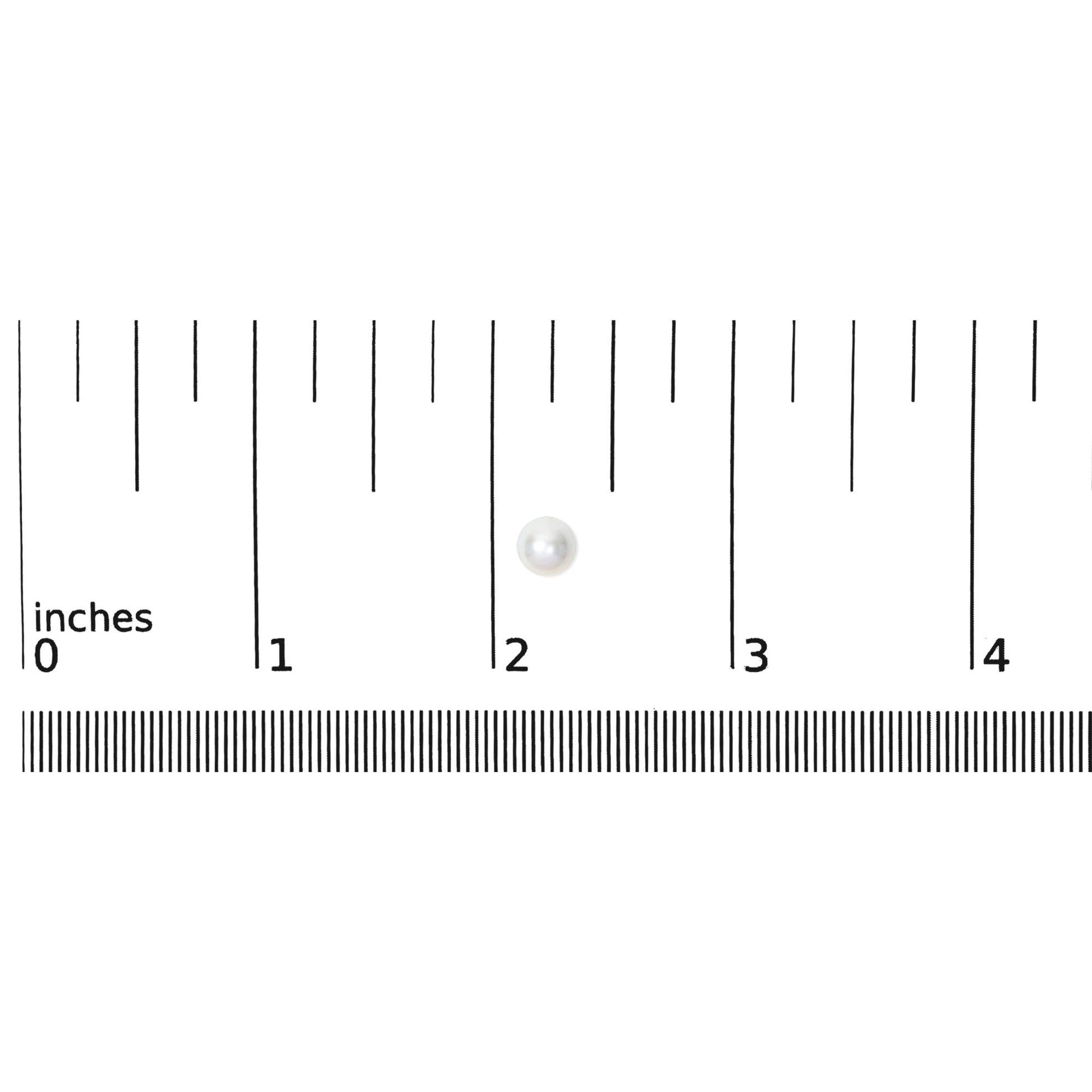 Close-up, front view of a single yellow metal earring with a round white gemstone, shown on a measurement scale.