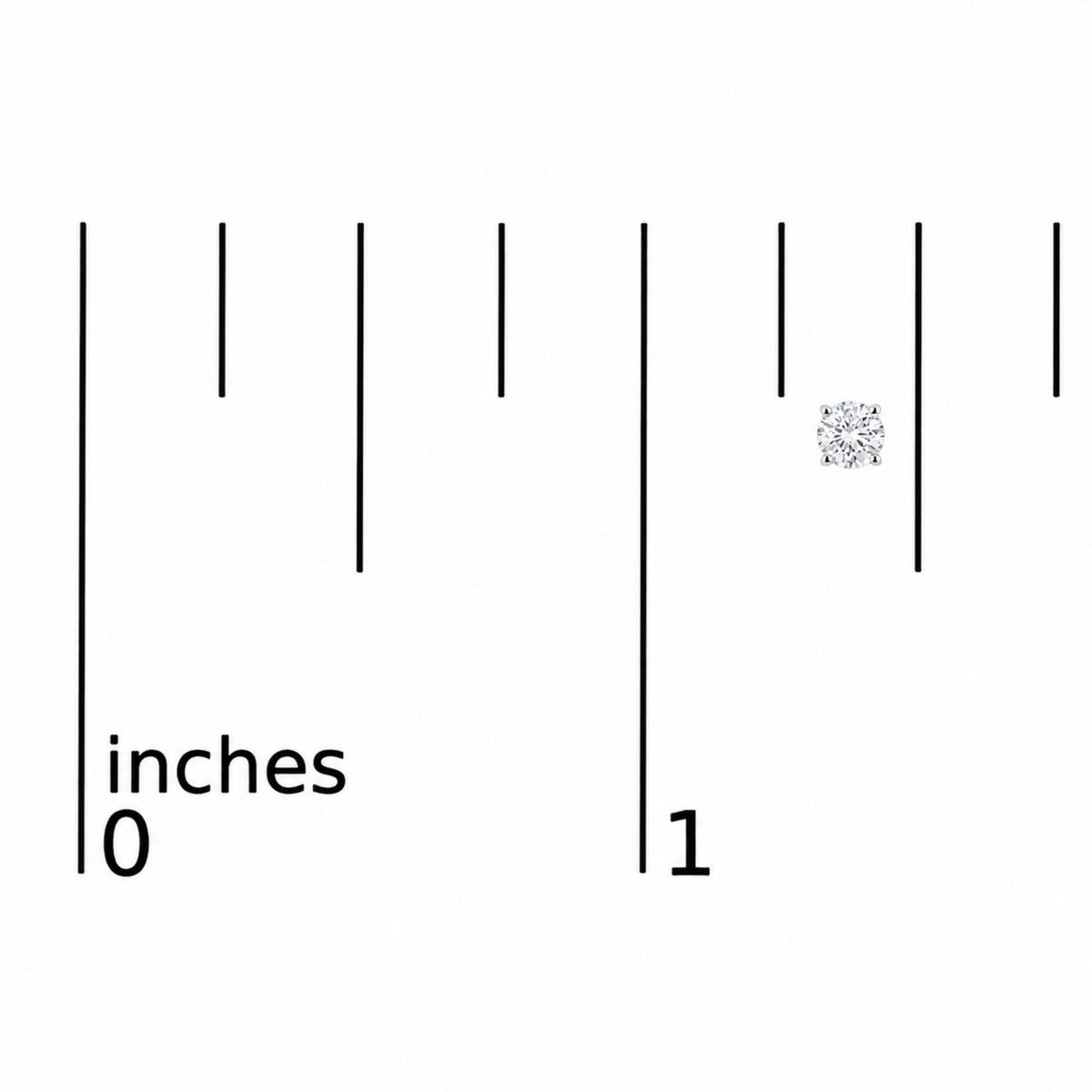 Close-up front angle of a single white earring featuring a round white gemstone in a 4-prong setting, shown on a measurement scale.