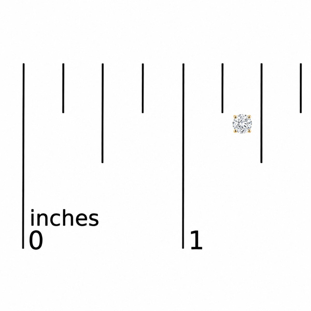 Close-up image of a single yellow metal stud earring with a round white gemstone in a four-prong setting shown on a ruler scale.