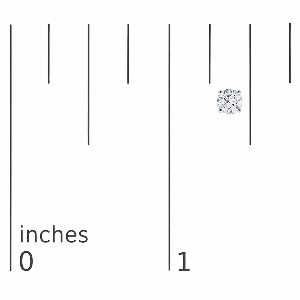 Close-up front angle image of a single white metal stud earring with a round white gemstone in a 4-prong setting, shown on a measurement scale.