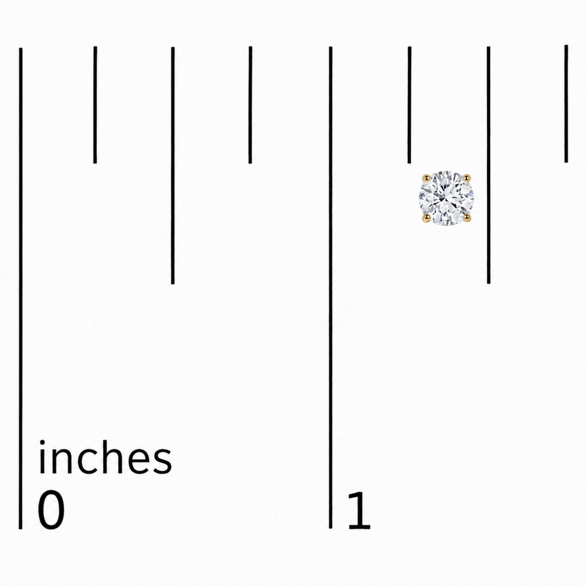 Close-up image of a single yellow metal stud earring with a round white gemstone in a four-prong setting placed on a scale, shot from above.