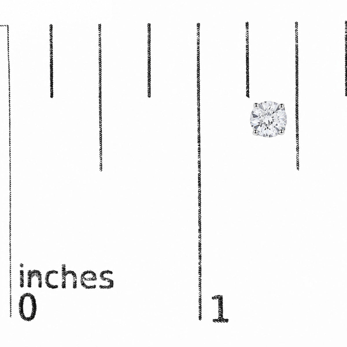 Close-up front angle of a single white metal stud earring featuring a round white gemstone in a four-prong setting, shown on a scale with inches marked.
