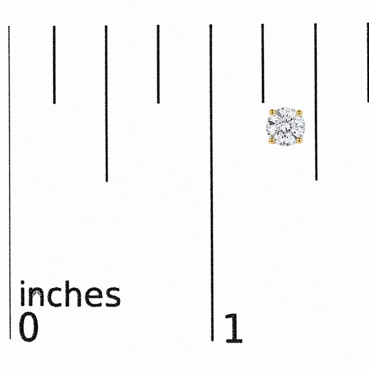 Close-up front angle of a single yellow metal stud earring with a round white gemstone in a four-prong setting shown on a measurement scale.