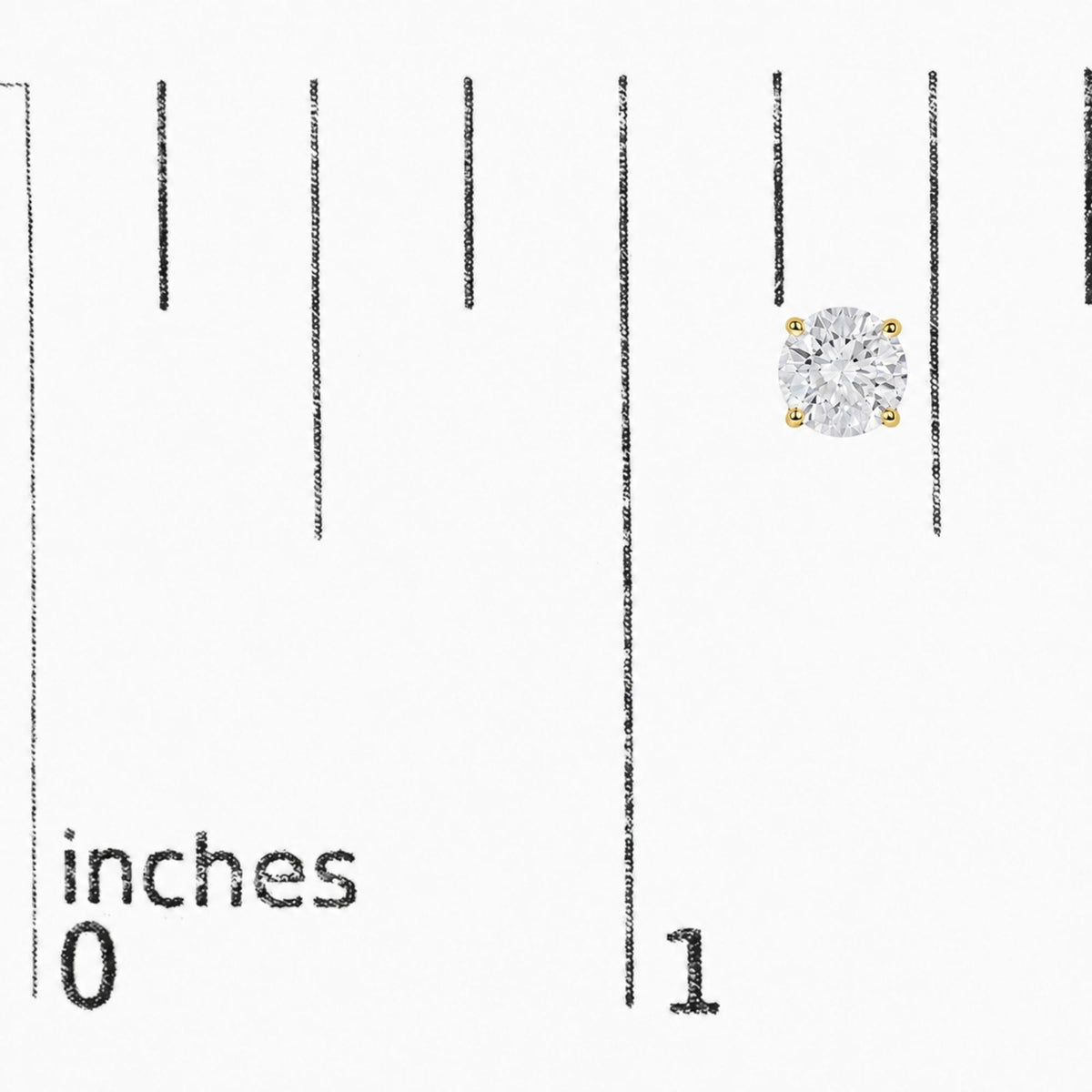 Close-up image of a single yellow metal earring with a round white gemstone in a four-prong setting, shown on a scale.