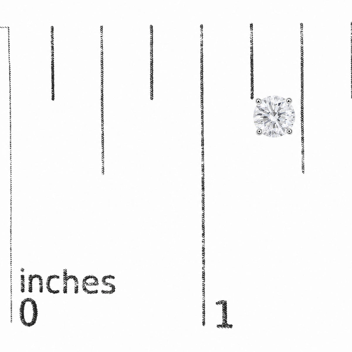 Close-up front angle of a single white metal stud earring with a round white gemstone in a four-prong setting shown on a measurement scale.