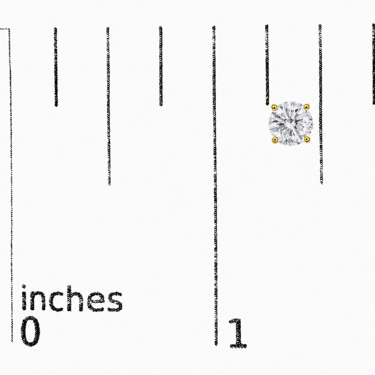 Close-up front angle shot of a single yellow metal stud earring with a round white gemstone held in a four-prong setting, shown on a scale.