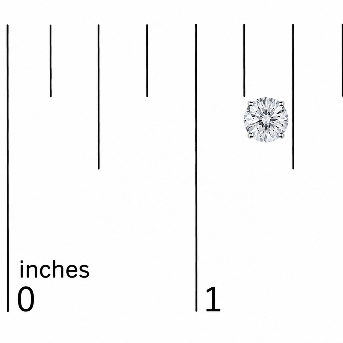 Close-up front angle of a white metal earring with a round white gemstone in a 4-prong setting, shown on a measurement scale.