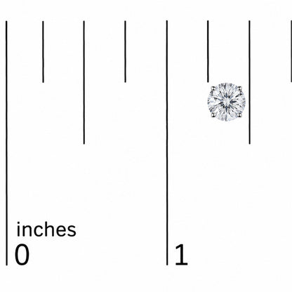 Close-up front angle of a white metal earring with a round white gemstone in a 4-prong setting, shown on a measurement scale.