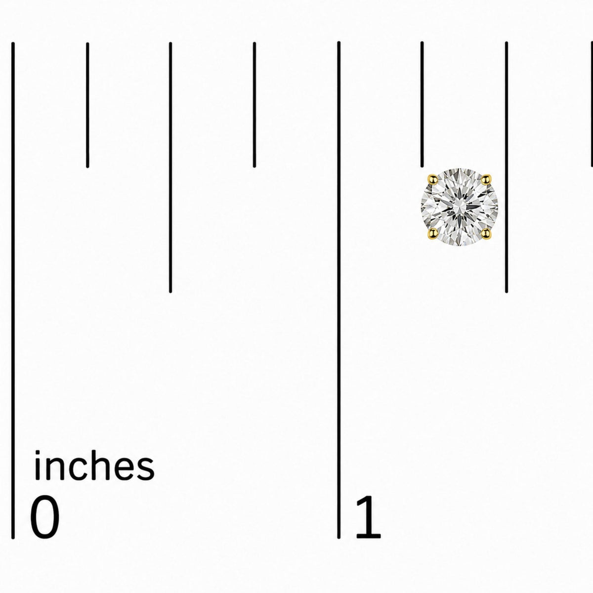 Close-up image of a single yellow round stud earring with one white gemstone in a four-prong setting, shown on a scale with measurement markings, shot from a top front angle.