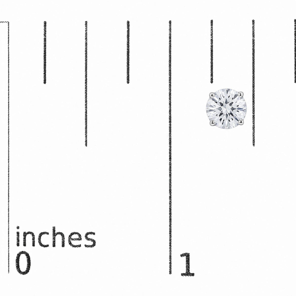 Close-up front view of a white metal round-shaped stud earring with a single white gemstone in a four-prong setting, shown on a measurement scale.