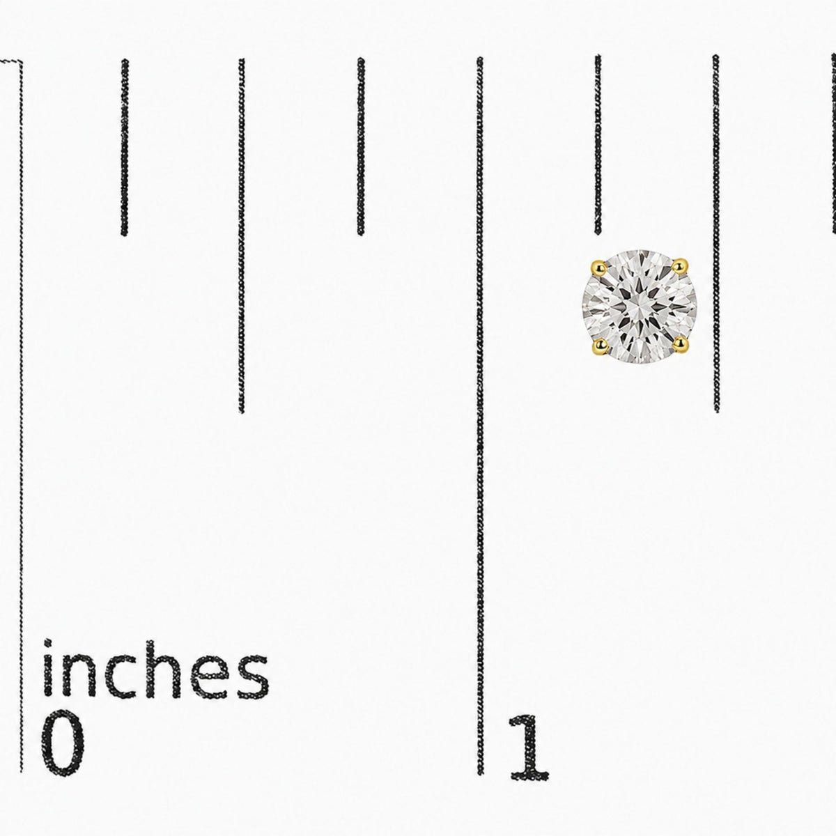 Close-up front angle of single yellow metal stud earring with round white gemstone in 4-prong setting, shown on a scale.